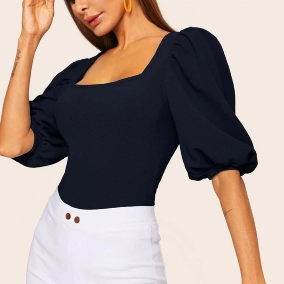 SHEIN Tops - NEW NAVY SQUARE NECK GLOBE SLEEVES BLOUSE